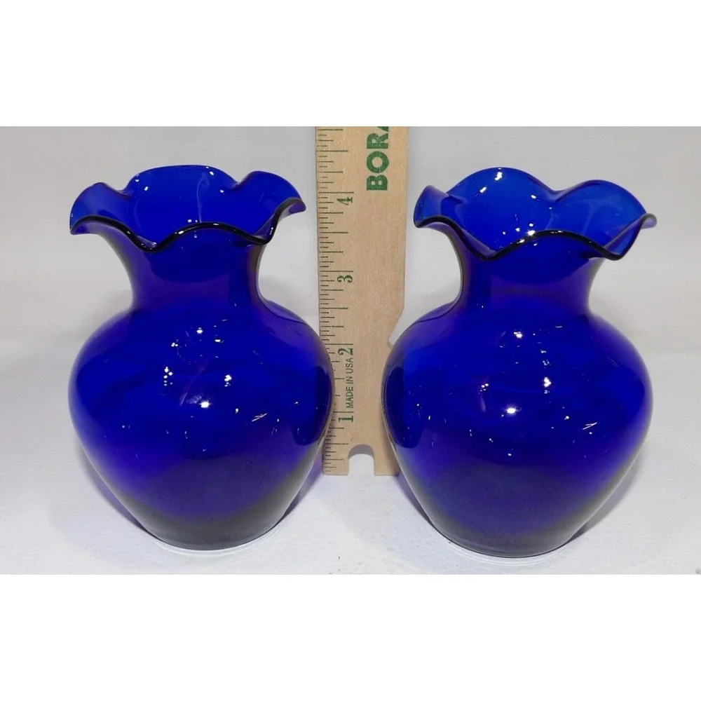 Pair of Cobalt Blue Squat Glass Ruffled Rim Vases 4.5 Inch Mid Century Modern